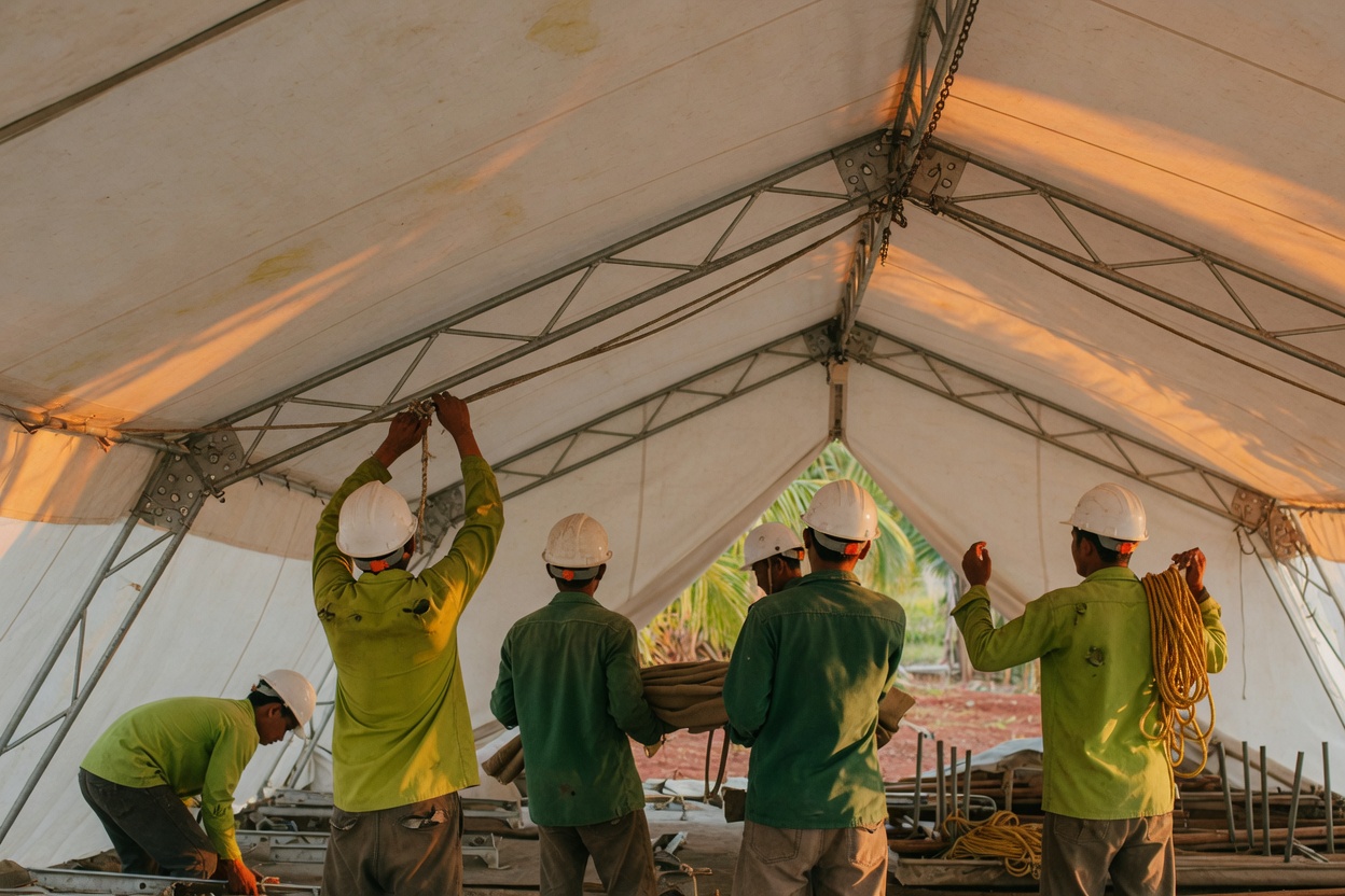 Workshop crew under canvas in Bislig