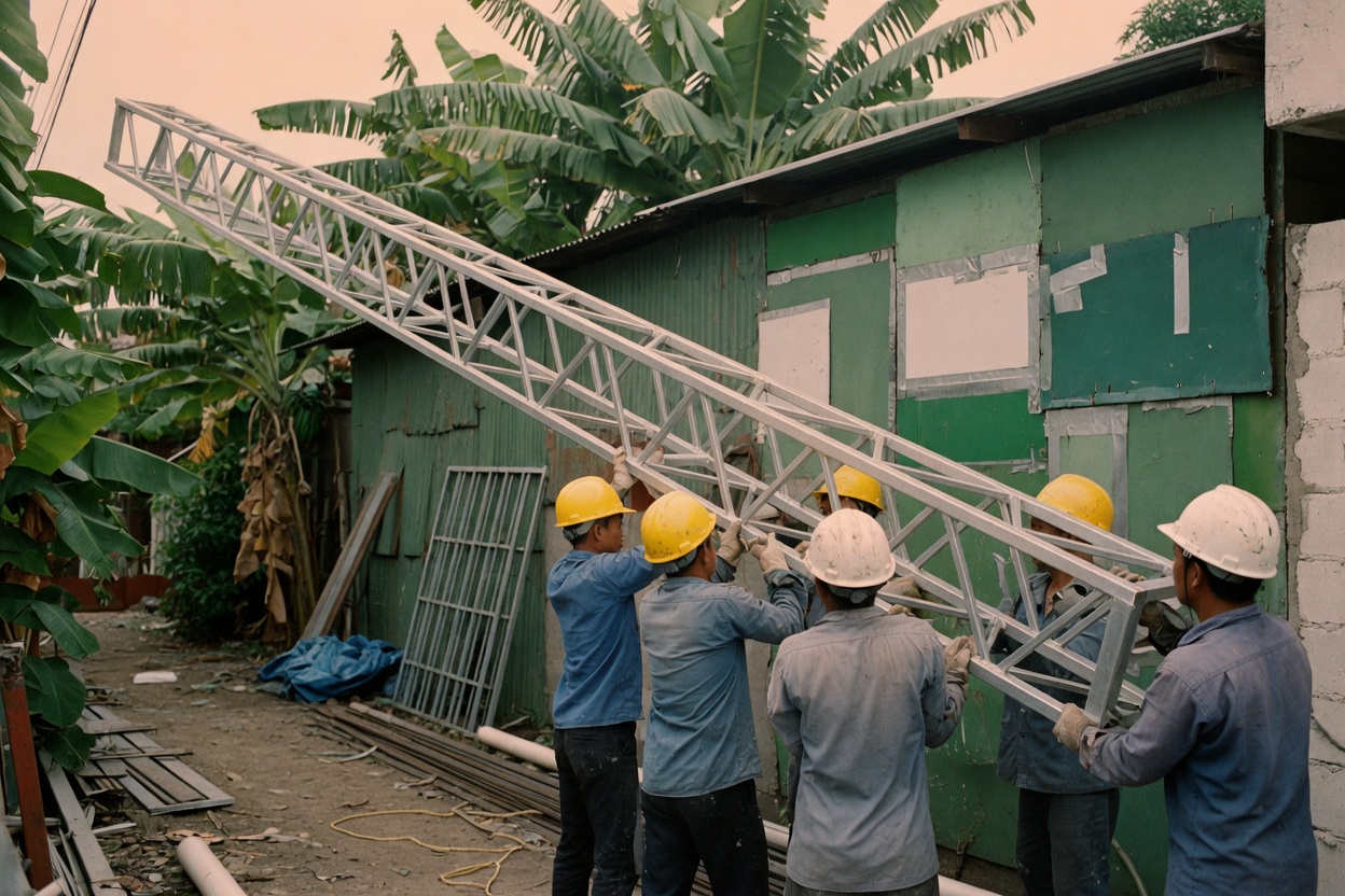 Crew lifting a galvanized truss in Bislig