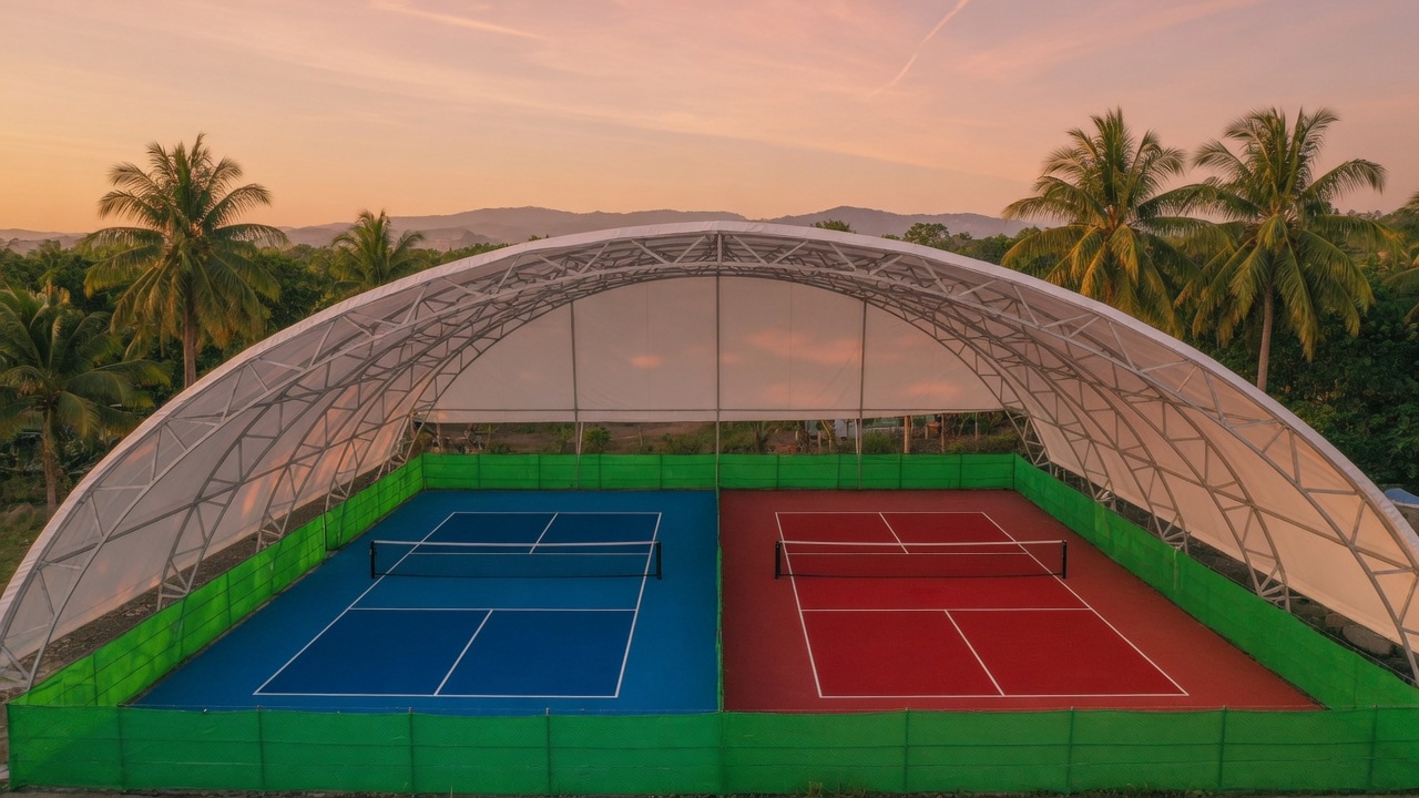 Pickleball courts under an arc tent