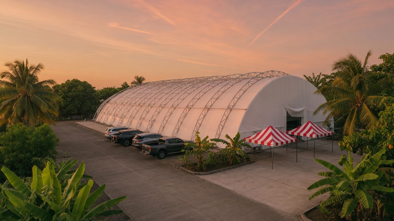Bislig yard: mega tent shop and parked crew vehicles